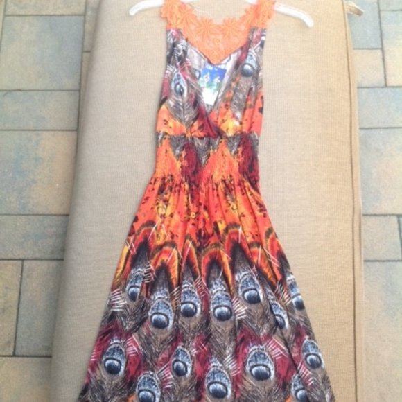 CM Dresses & Skirts - NWT LACE ORANGE PEACOCK FEATHER PRINT DRESS SUNDRESS M